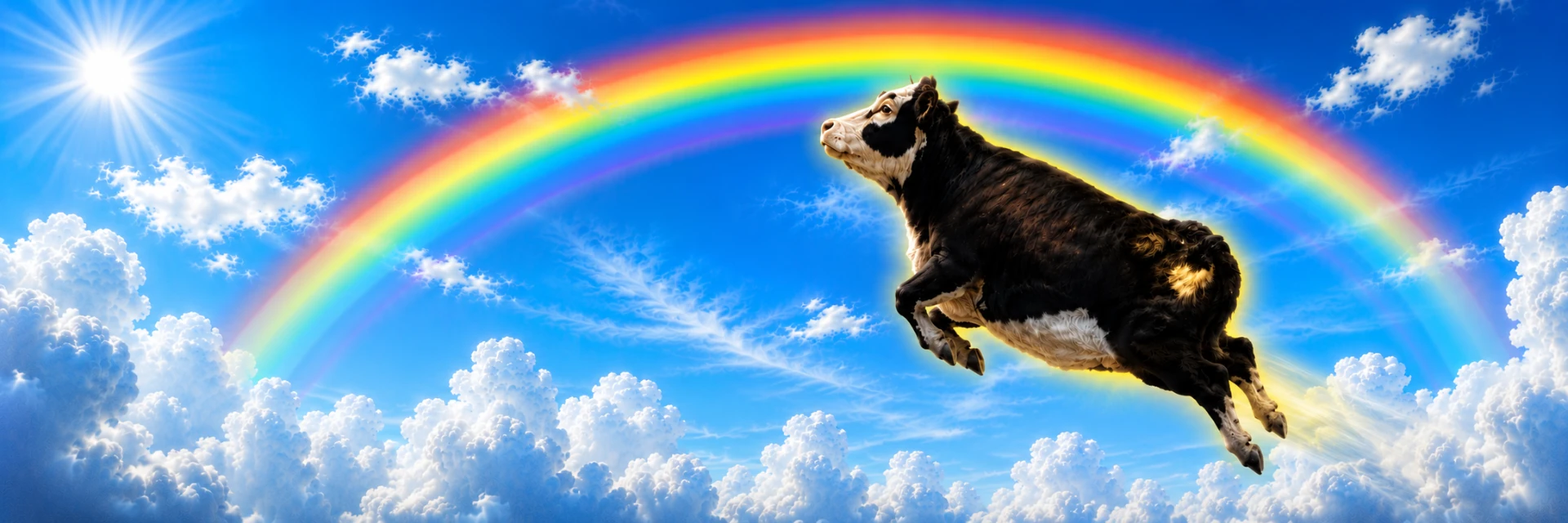 Mooner, a black-and-white cow, flying under a rainbow in a bright blue sky
