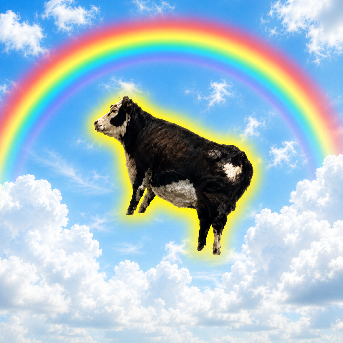Mooner floating through clouds beneath a rainbow